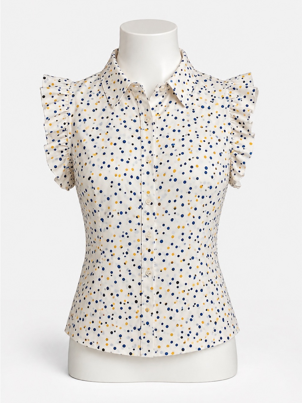 Anne Klein Polka Dot Ruffle Sleeve Blouse White Blue Yellow Size 8